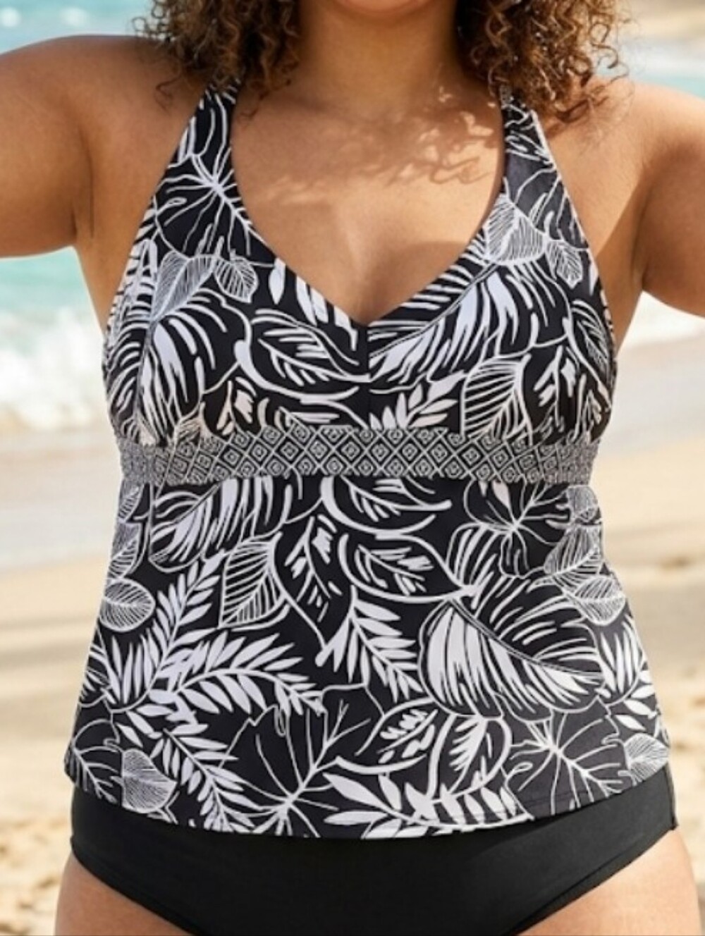 Black & White Tropical Print Tankini Swim Top